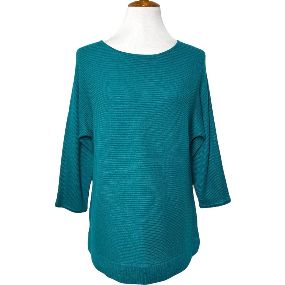 Chico’s Teal Ribbed Knit Raglan 3/4 Sleeve Dolman Pullover Tunic Sweater Top
